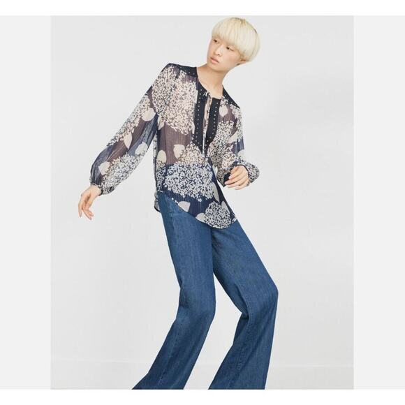 Zara Mulberry Silk Navy/Ecru Long Sleeve Blouse with Studs Women's Size Medium N - Picture 4 of 16